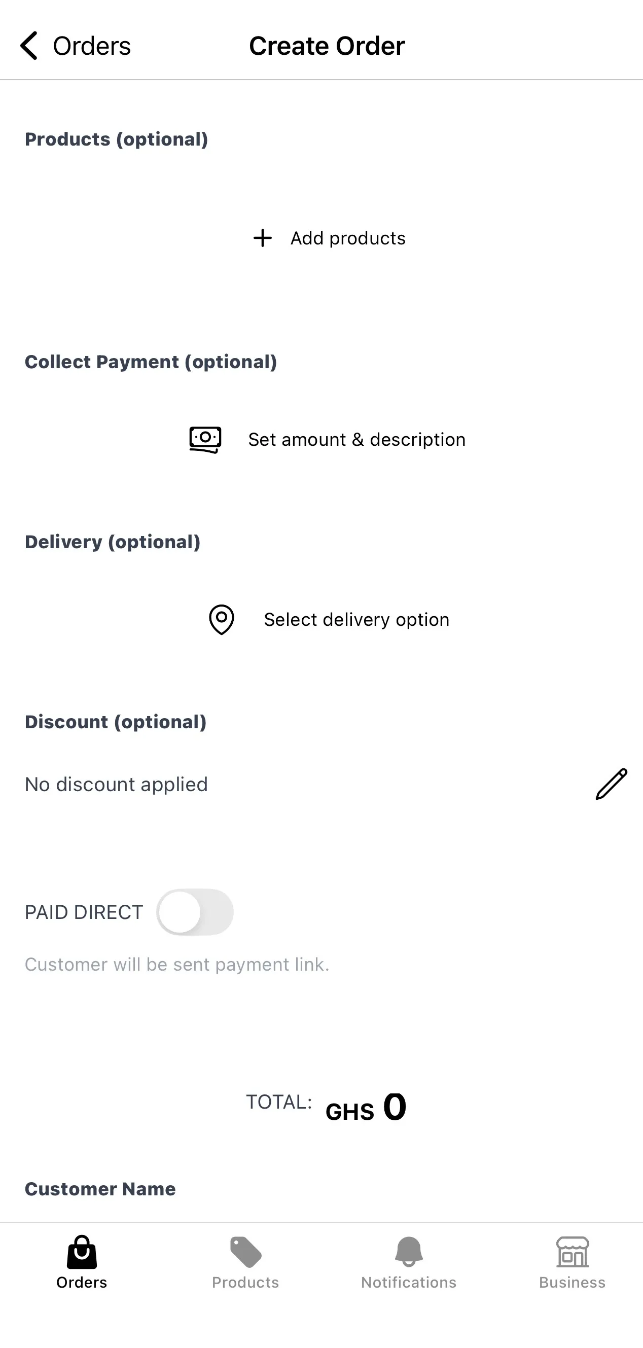 Create order screen