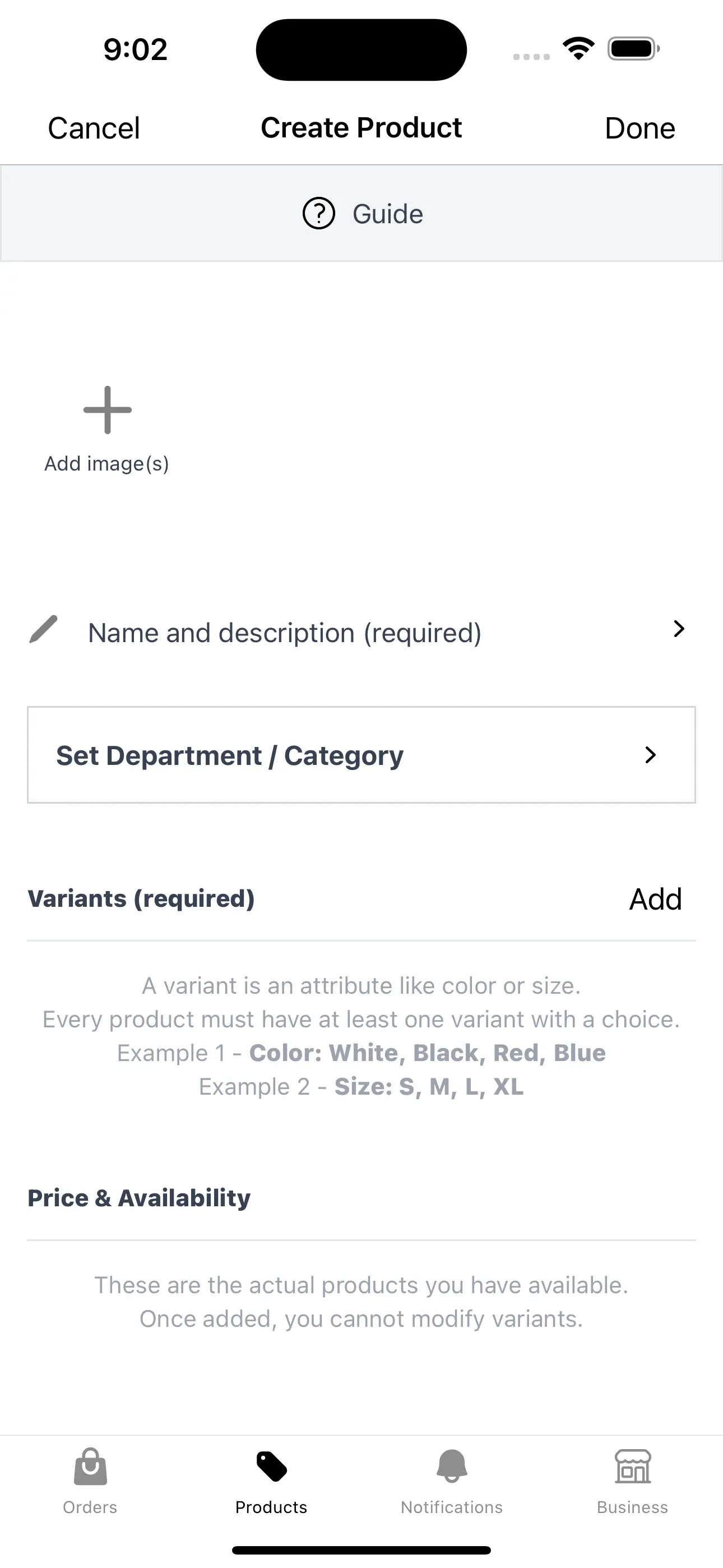 Create products screen