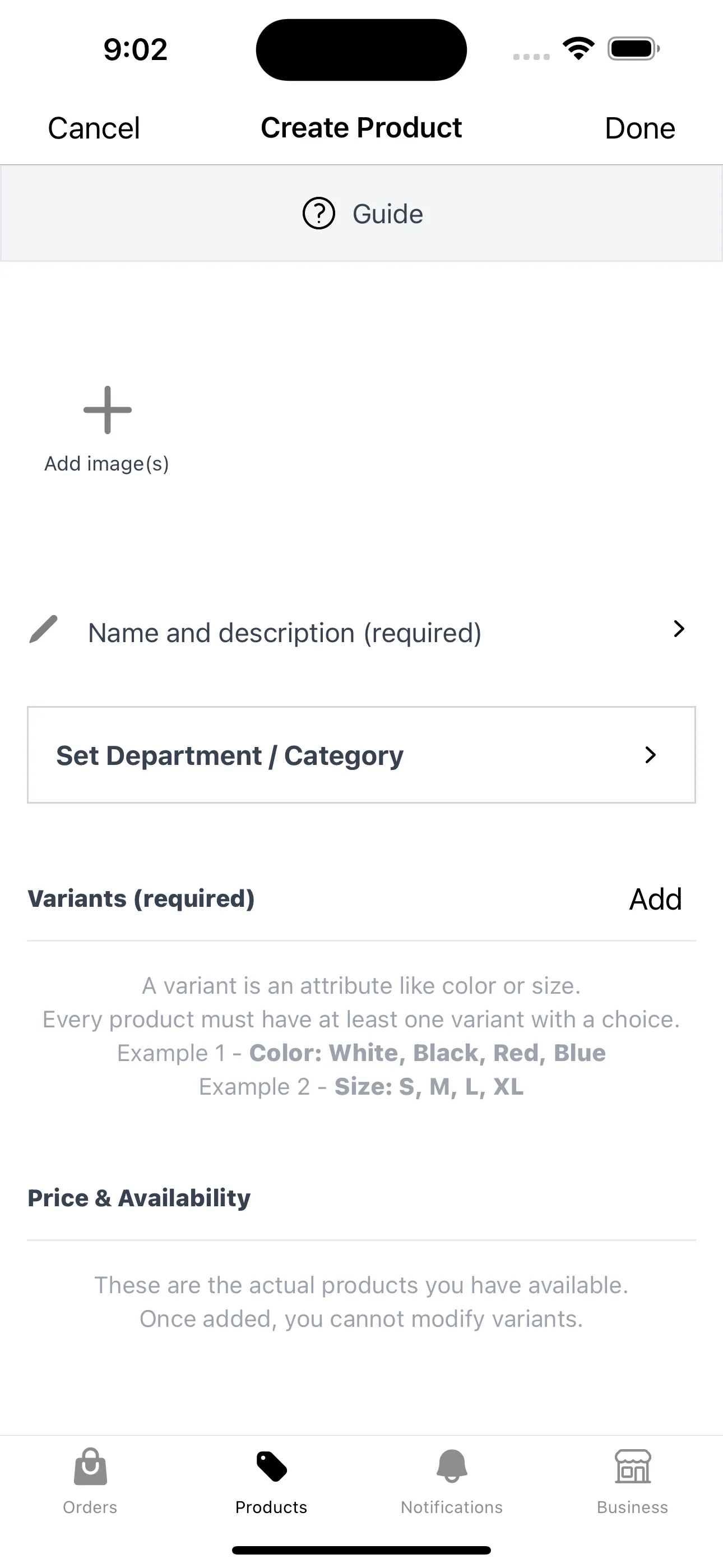 Create products screen