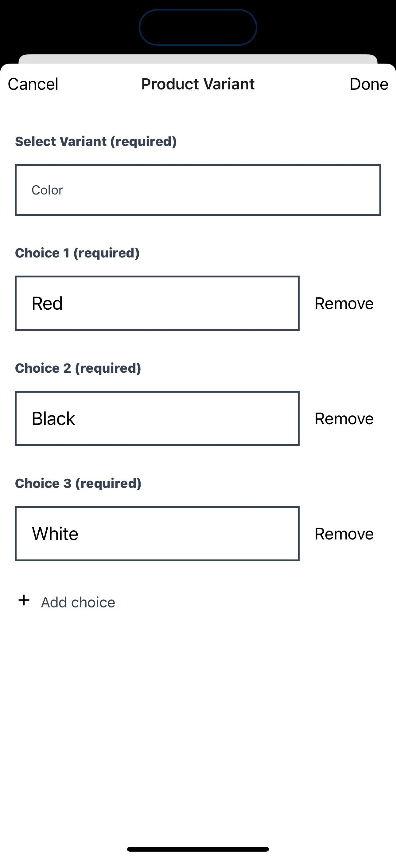 Product variants screen